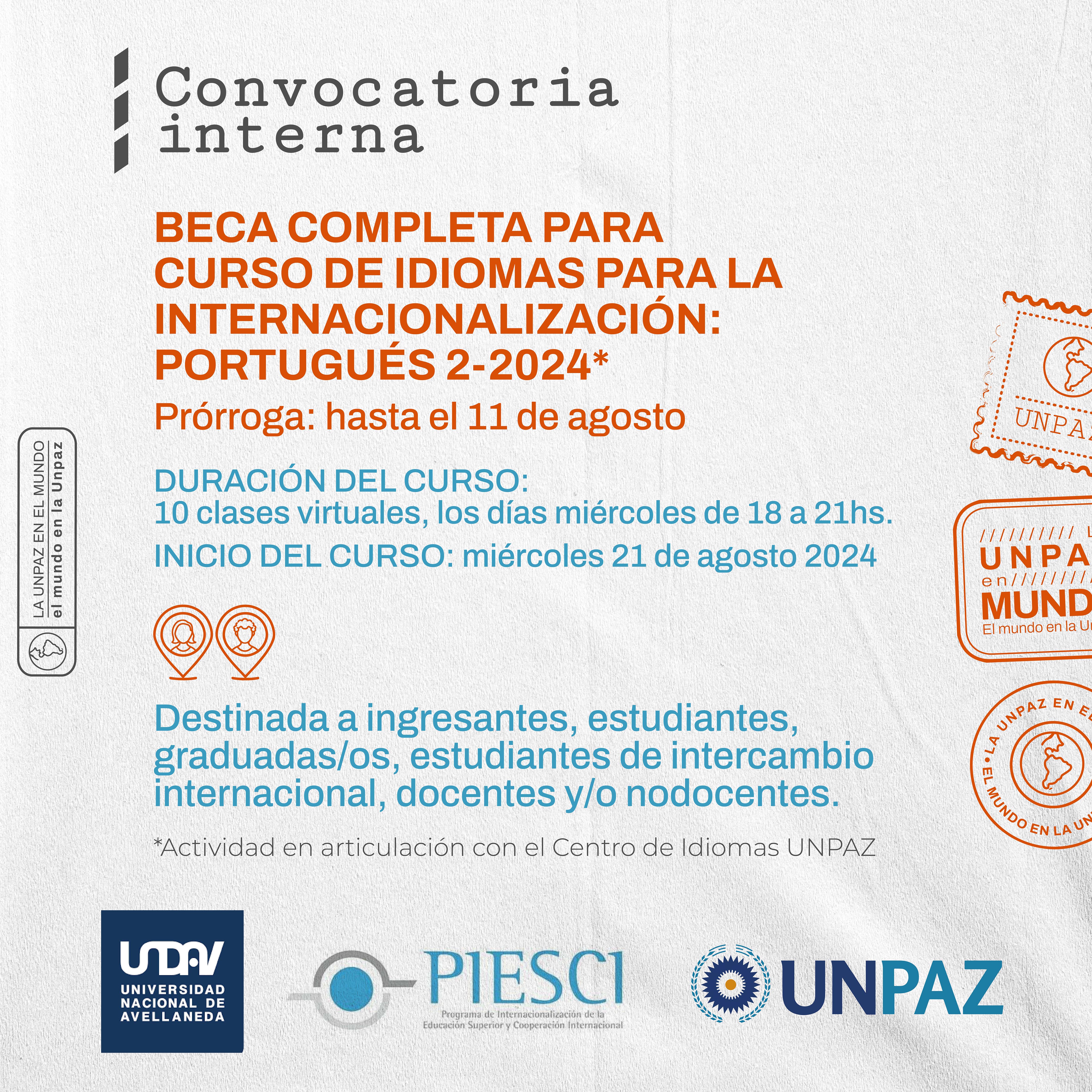 CONVOCATORIA INTERNA ABIERTA A BECA COMPLETA “CURSO DE IDIOMAS PARA LA INTERNACIONALIZACIÓN PORTUGUÉS 2-2024" - UNPAZ