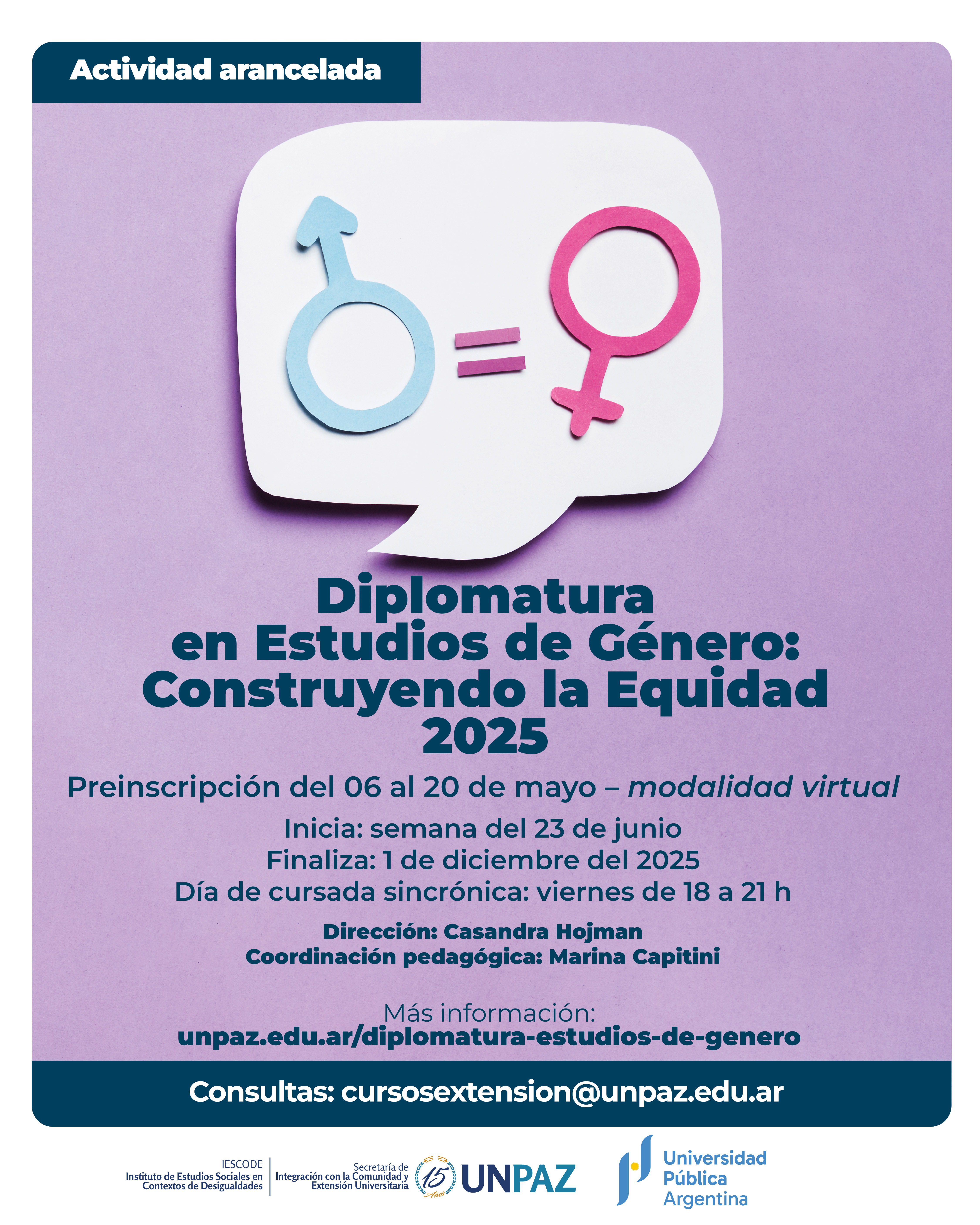 INSCRIPCIÓN ABIERTA A LA “DIPLOMATURA EN ESTUDIOS DE GÉNERO: CONSTRUYENDO EQUIDAD” - UNPAZ
