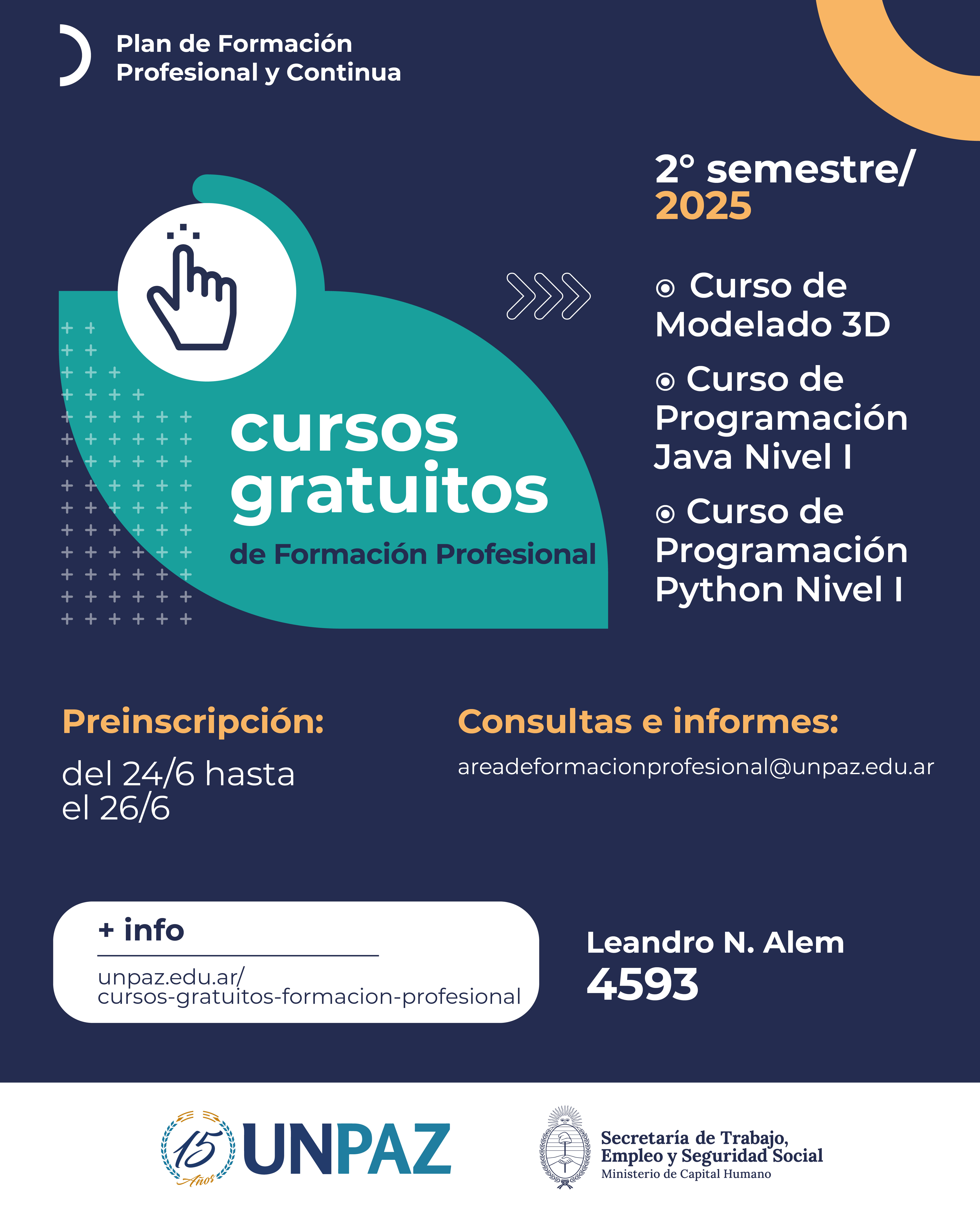 CURSOS GRATUITOS DE FORMACIÓN PROFESIONAL – 2° SEMESTRE 2025 - UNPAZ