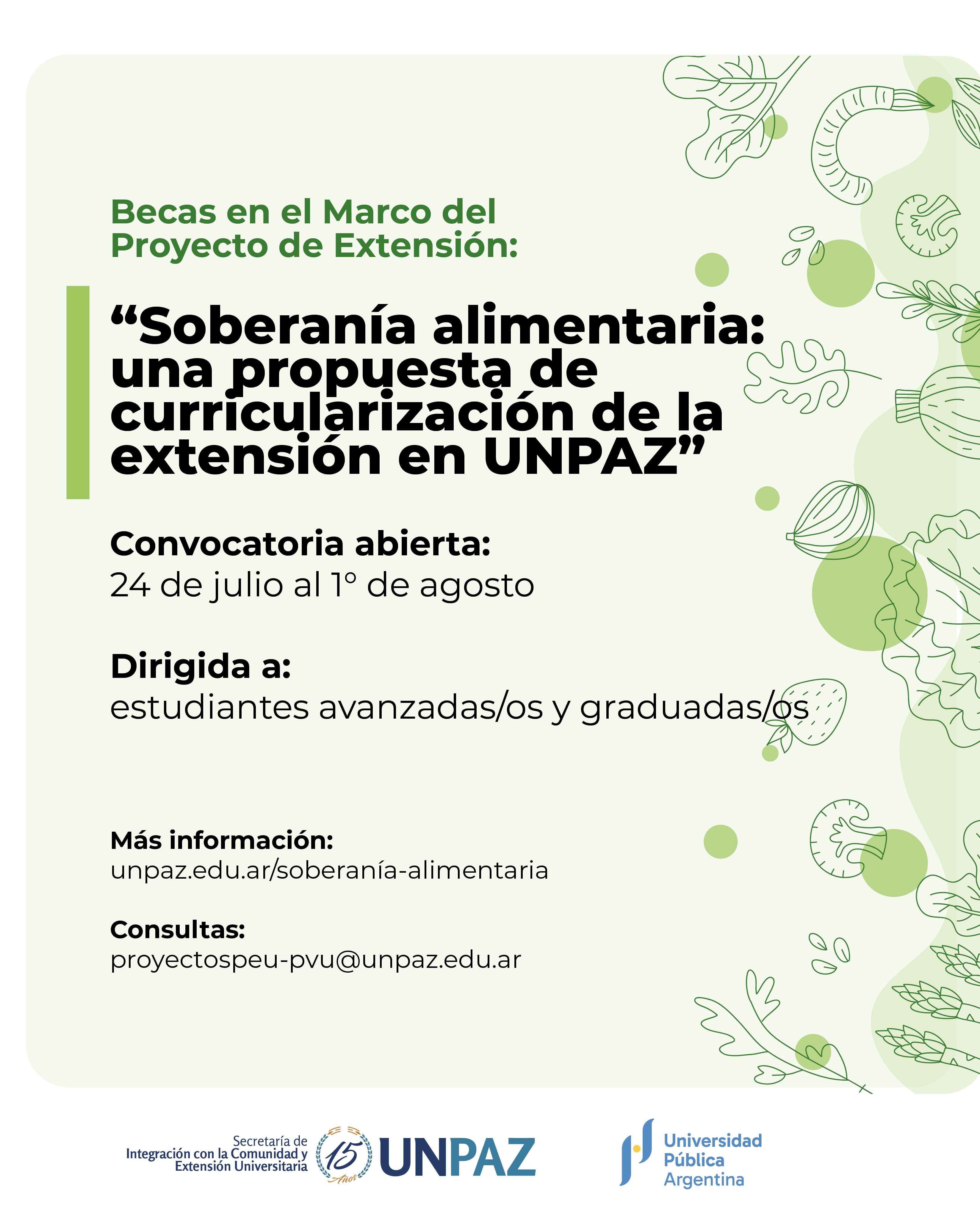ADMISIBILIDAD. BECA PEU "Soberanía alimentaria: una propuesta de curricularización de la extensión en UNPAZ”