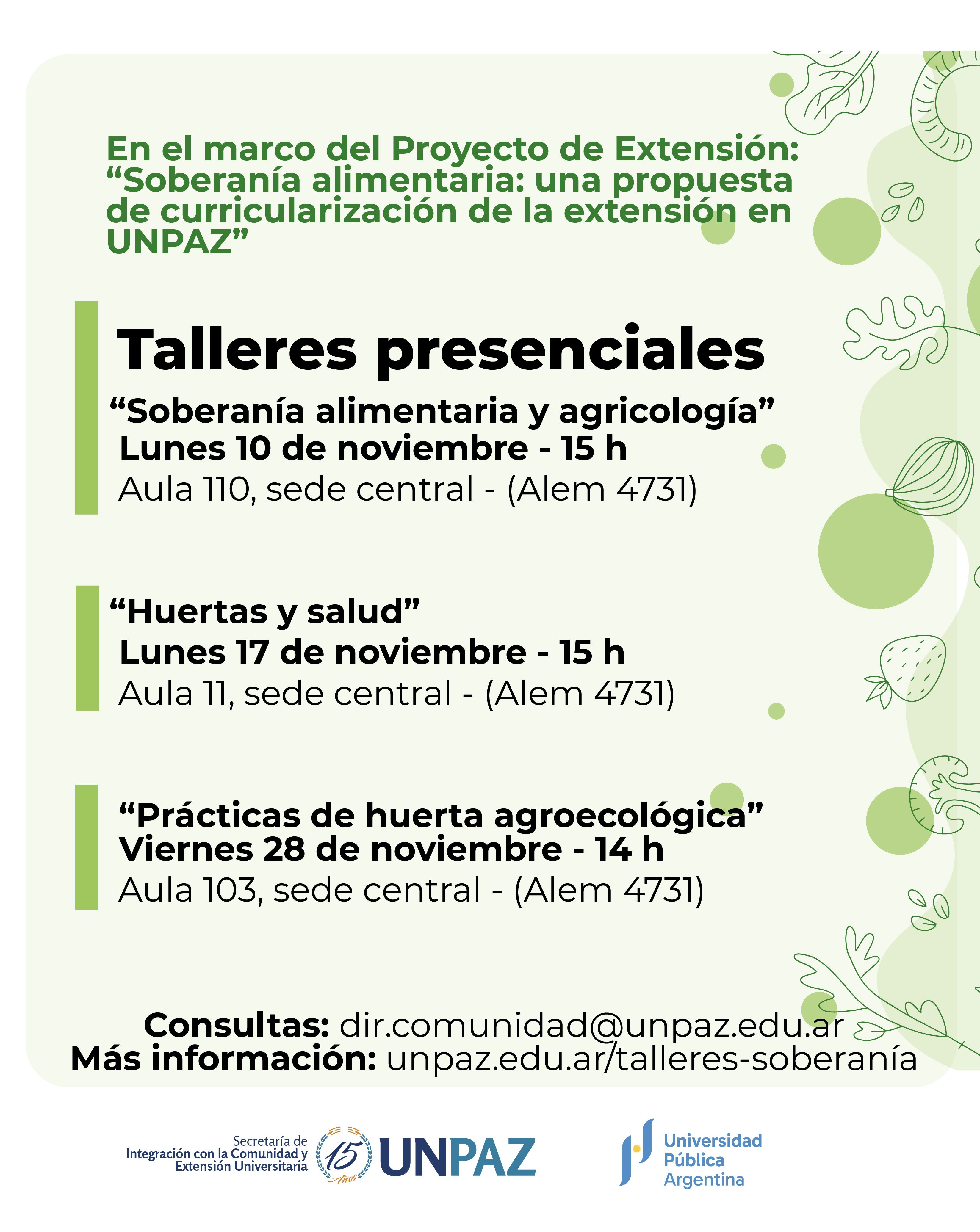 Talleres en el marco del Proyecto “Soberanía alimentaria: una propuesta de curricularización de la extensión en UNPAZ”
