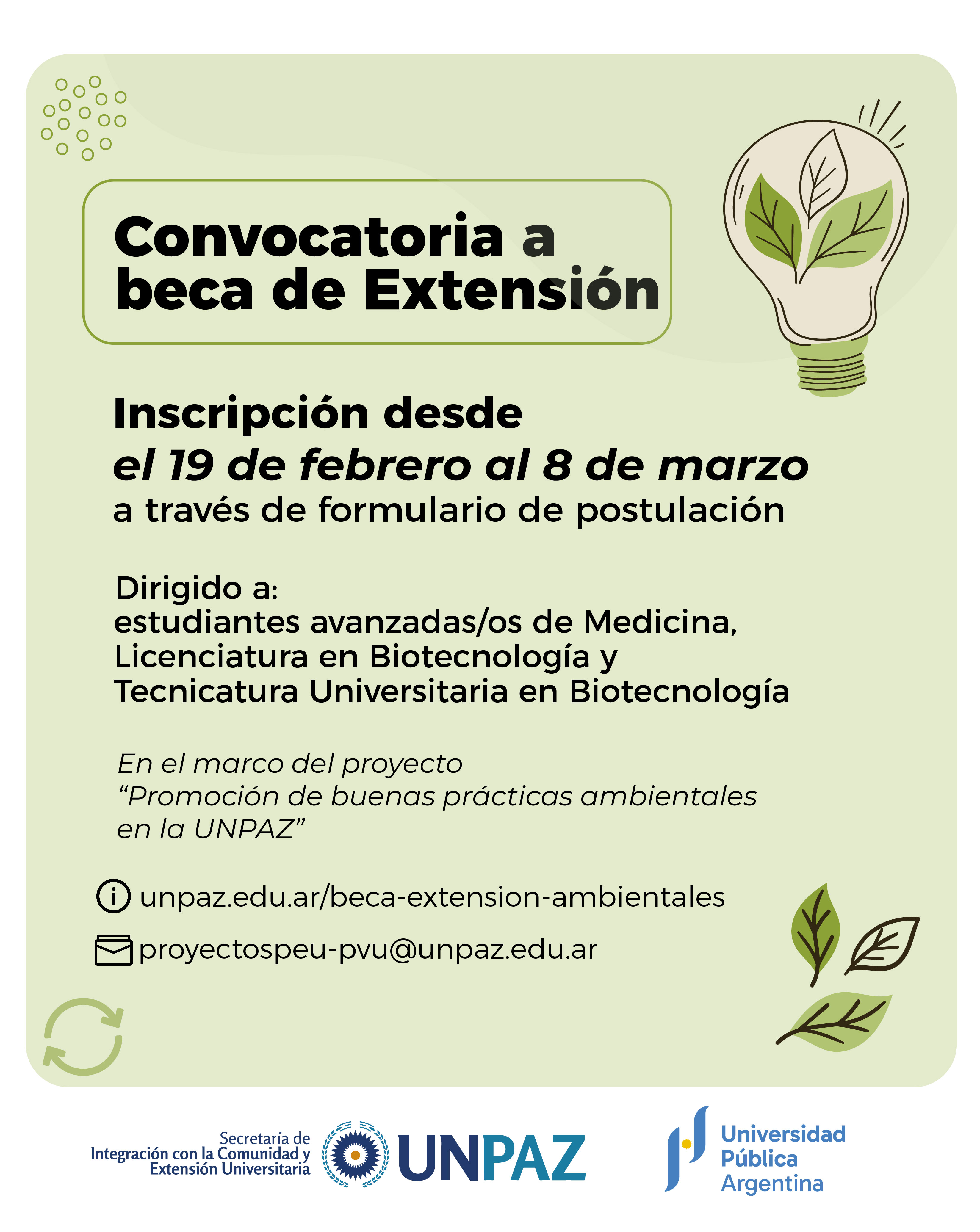 CONVOCATORIA A BECA DE EXTENSIÓN "Promoción de buenas prácticas ambientales en la UNPAZ" - UNPAZ