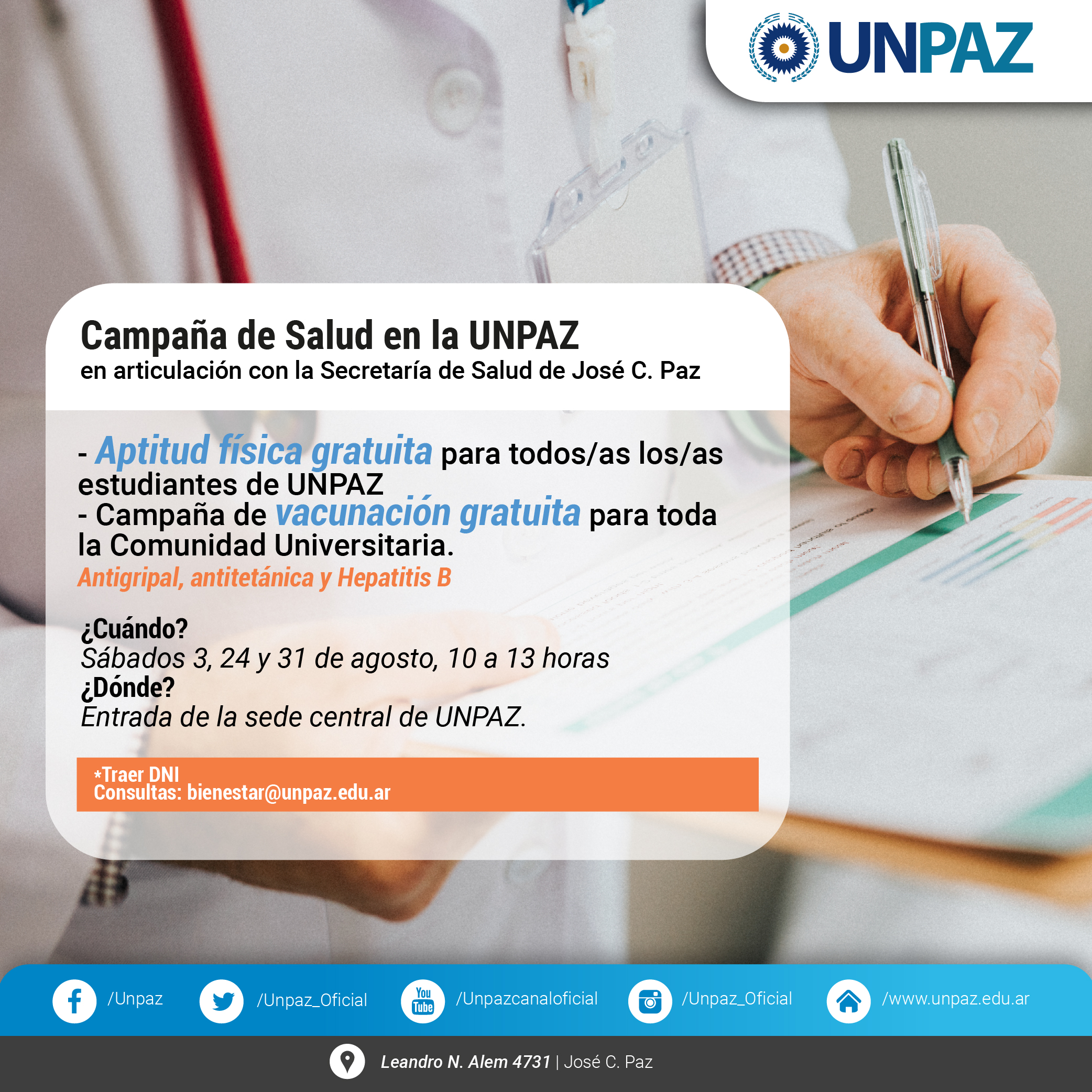 UNPAZ. Vacunación y aptitud física gratuita