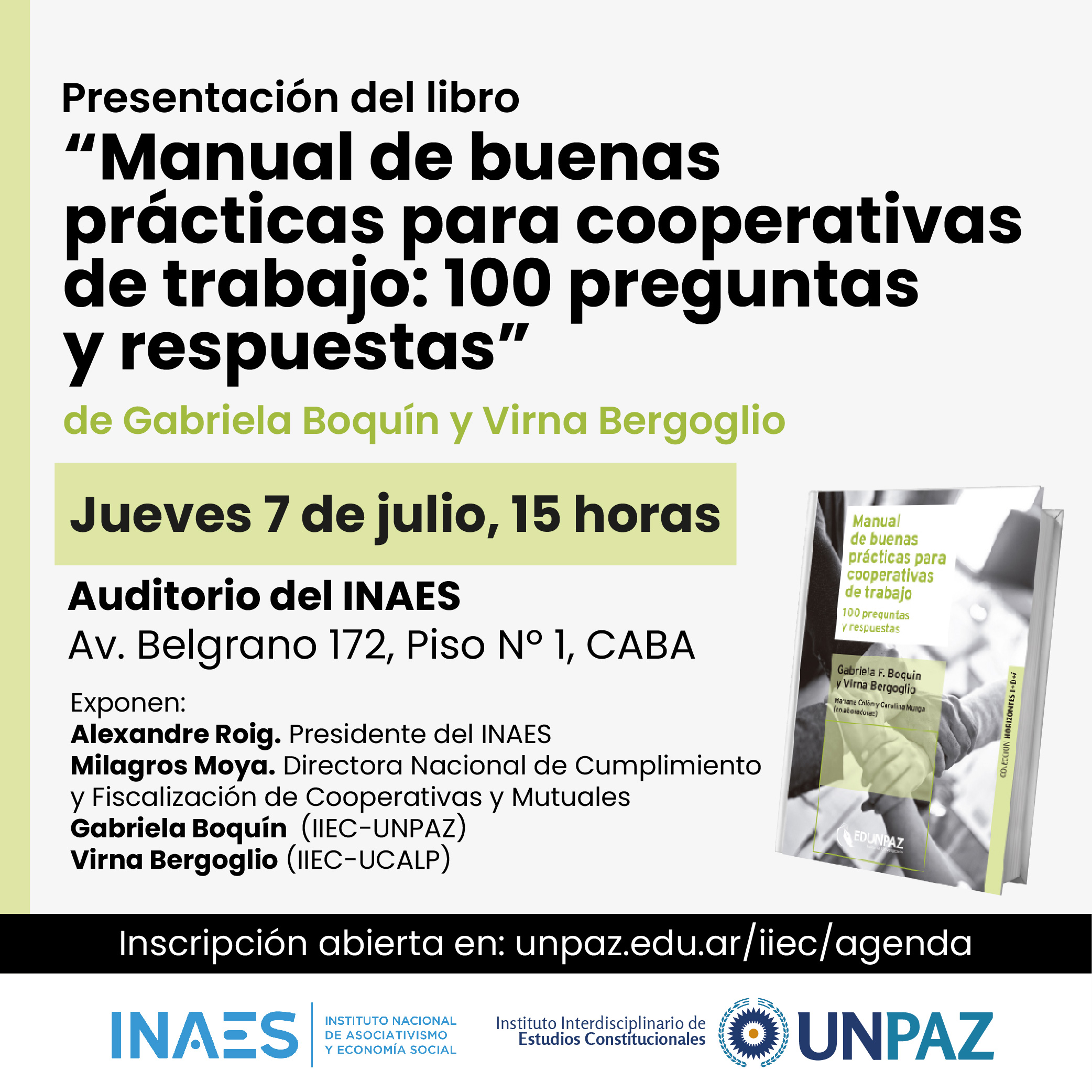 Se presentará el libro “Manual de buenas prácticas para cooperativas de trabajo” en el auditorio del INAES