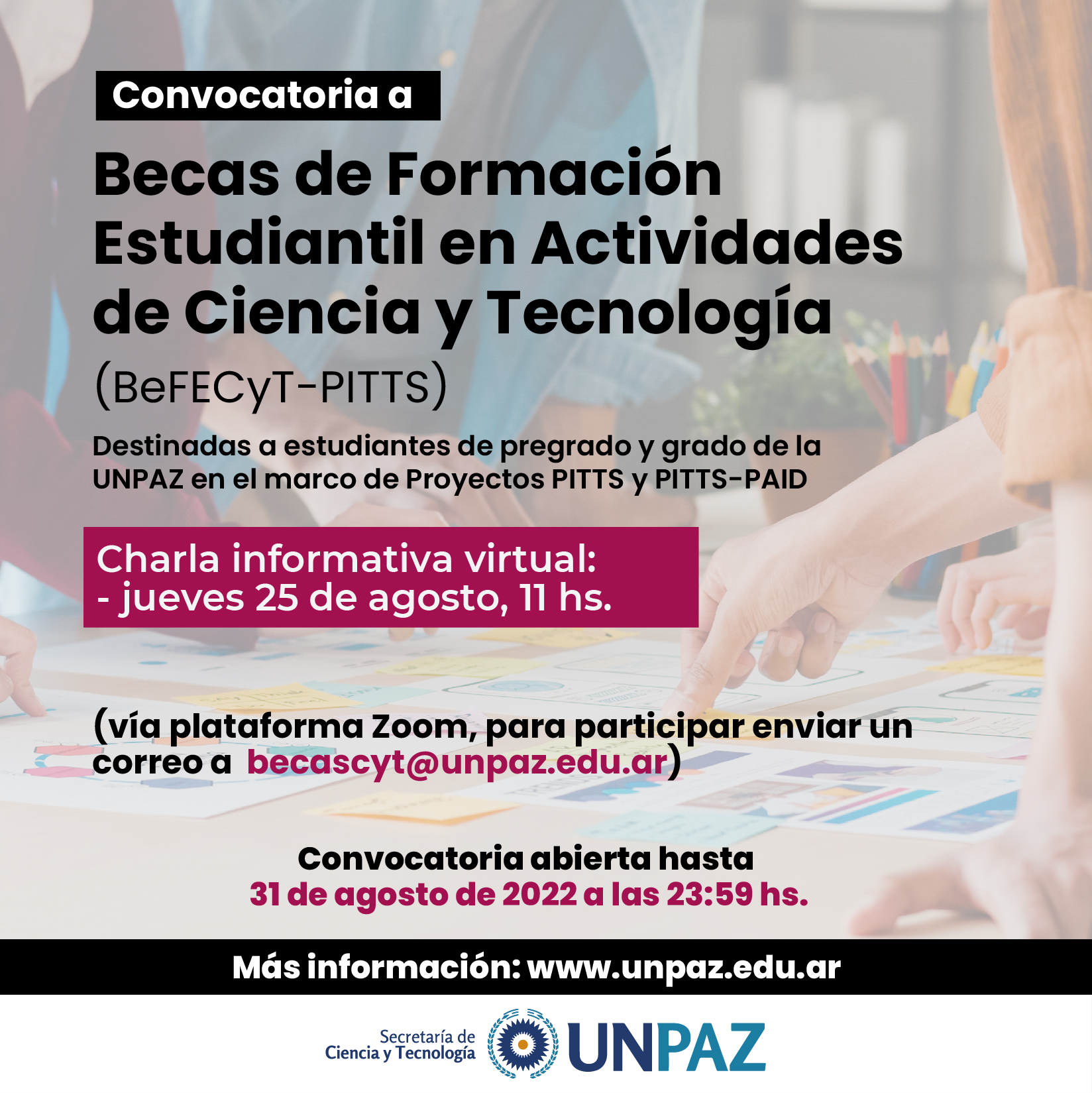 La UNPAZ abre la Convocatoria a Becas de Formación Estudiantil en Actividades de Ciencia y Tecnología (BeFECyT) - PITTS UNPAZ 2022
