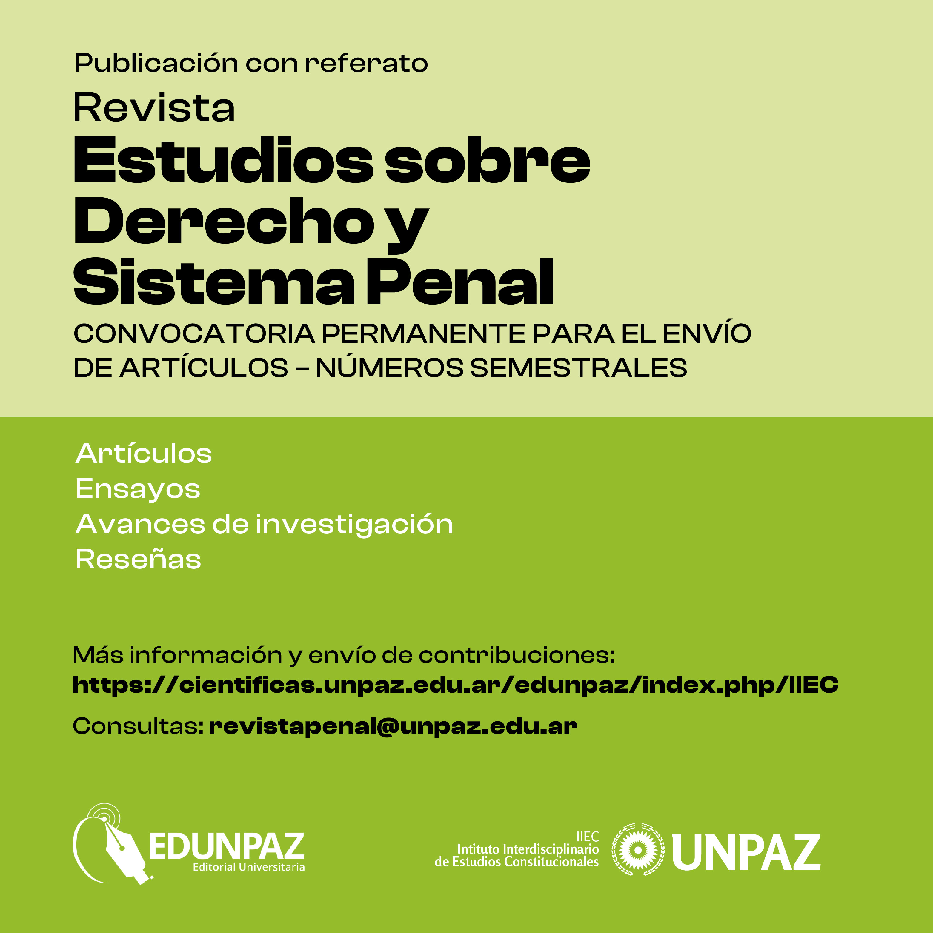 Convocatoria para la presentación de artículos – Revista Estudios sobre Derecho y Sistema Penal