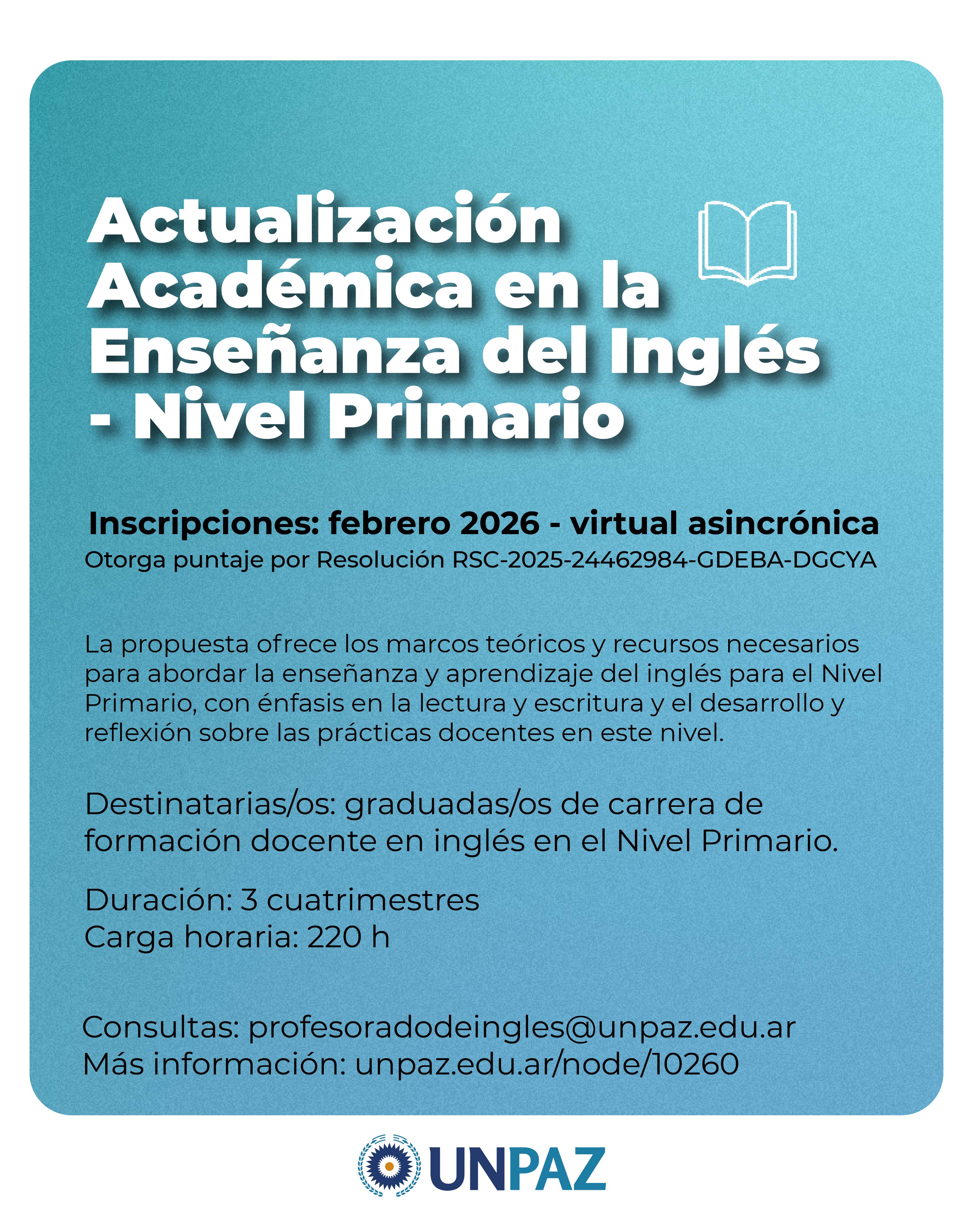 Apertura de la inscripción al Postítulo Docente “Actualización Académica en la Enseñanza del Inglés, Nivel Primario”,