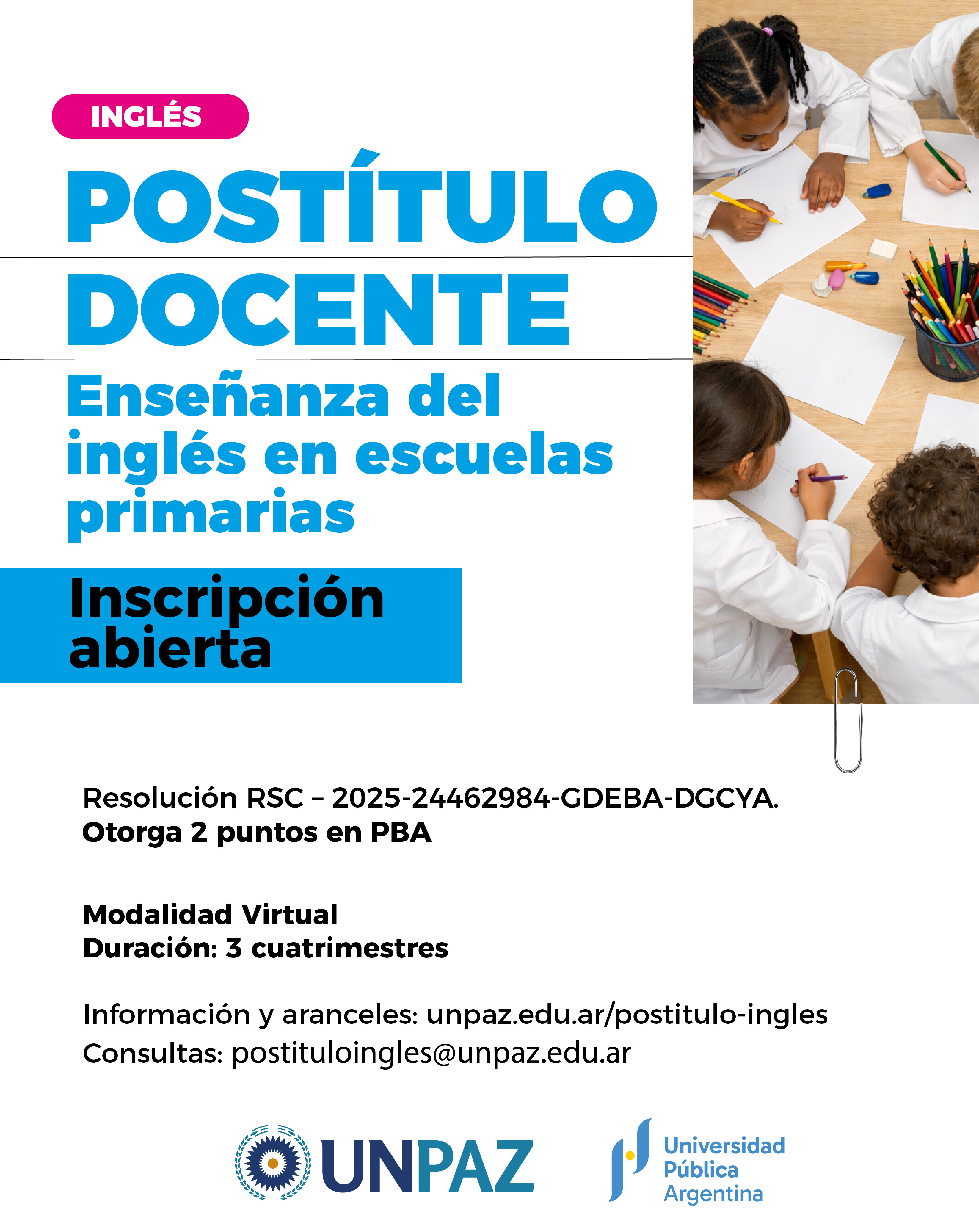 Inscripción al Postítulo docente: Enseñanza del inglés en escuelas primarias