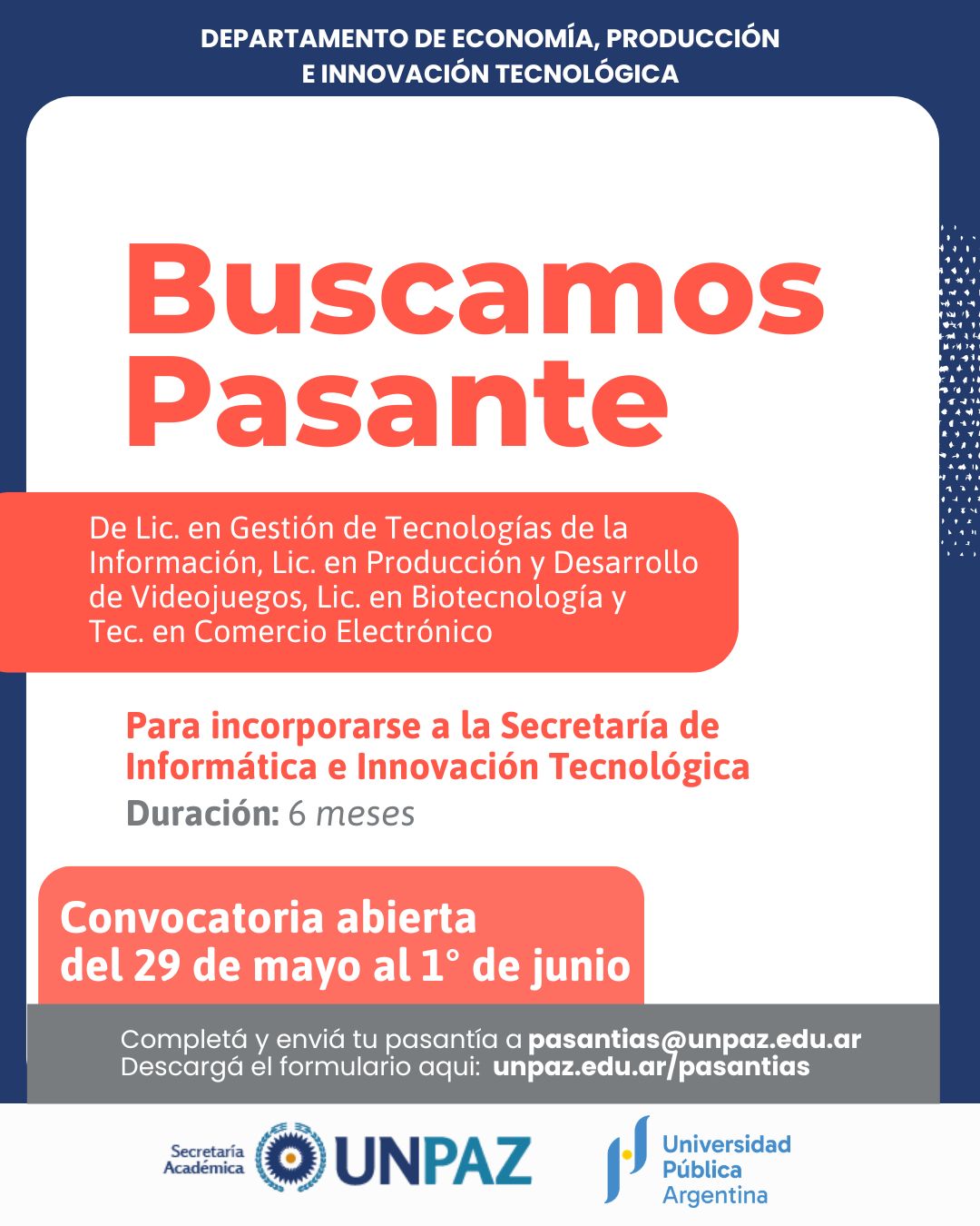 CONVOCATORIA A PASANTÍA EN LA UNIVERSIDAD NACIONAL DE JOSÉ C. PAZ - UNPAZ
