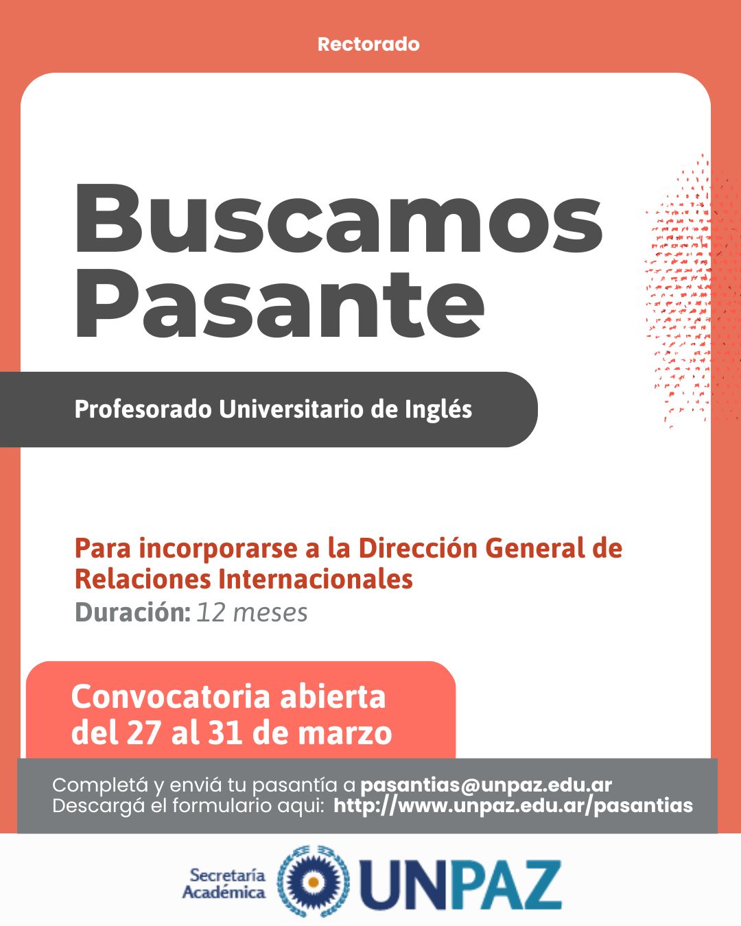 CONVOCATORIA A PASANTÍA EN LA UNIVERSIDAD NACIONAL DE JOSÉ C. PAZ - UNPAZ