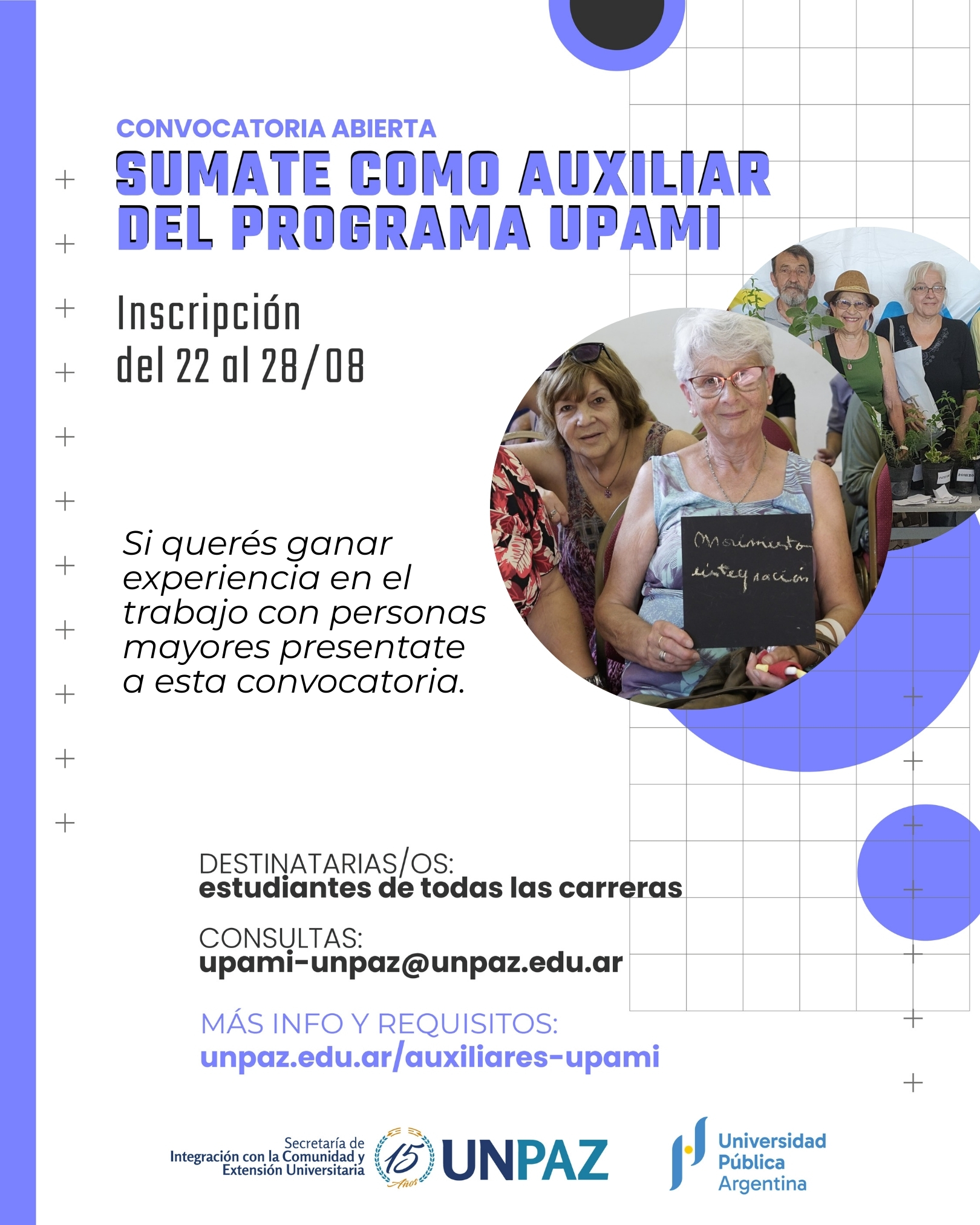 UNPAZ convoca a estudiantes para desempeñarse como Auxiliares de curso en el Programa UPAMI