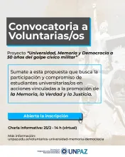 Convocatoria a voluntarios/as. Proyecto: “Universidad, Memoria y Democracia a 50 años del golpe cívico-militar”